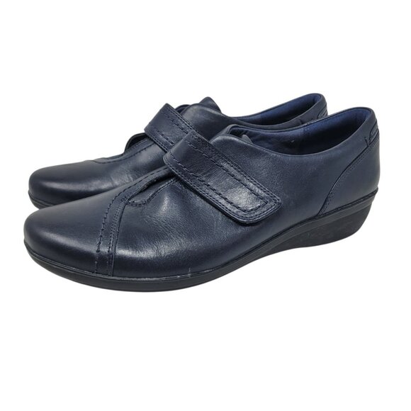 Clarks Women's Size 9 Navy Blue Leather Loafers Comfort Adjustable Strap Wedge - Picture 7 of 12